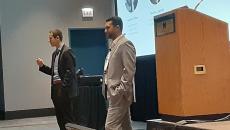 Dr. Frederik Floether, left and Dr. Numan Laanait discuss quantum computing at the HIMSS23 Global Conference in Chicago on Wednesday. Dr. Frederik Floether, left and Dr. Numan Laanait discuss quantum computing at the HIMSS23 Global Conference in Chicago on Wednesday.