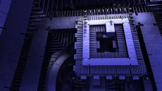 Square quantum computer components in blue. Square quantum computer components in blue.