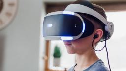 Person wearing VR goggles at doctor's office Person wearing VR goggles at doctor's office